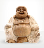 Hand carved resin Happy Buddha - Whitewash 30cm statue with a joyful expression and detailed robe, perfect as a Buddha decor piece to inspire positivity and warmth.
