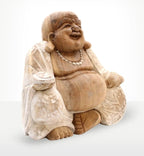Hand-carved Happy Buddha - Whitewash 30cm statue featuring a joyful figure with a beaded necklace, seated with detailed whitewash robe accents on natural resin material.