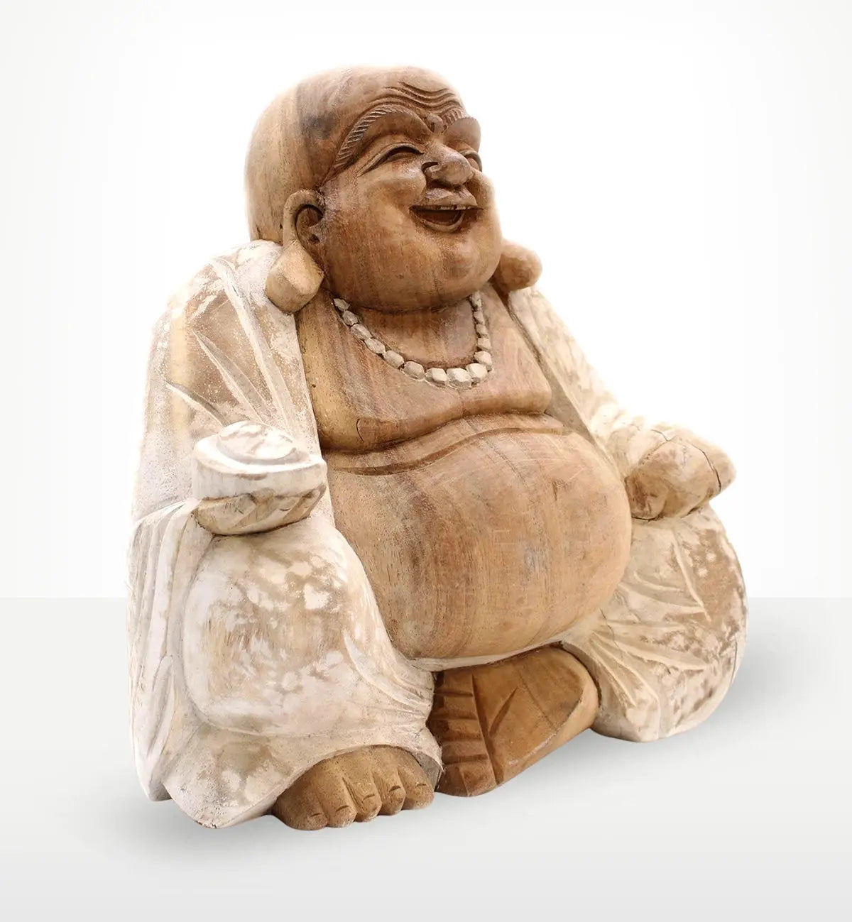 Happy Buddha - Whitewash 30cm hand carved resin statue featuring a joyful Buddha figure with a whitewashed finish, perfect for Buddha decor and spiritual spaces.