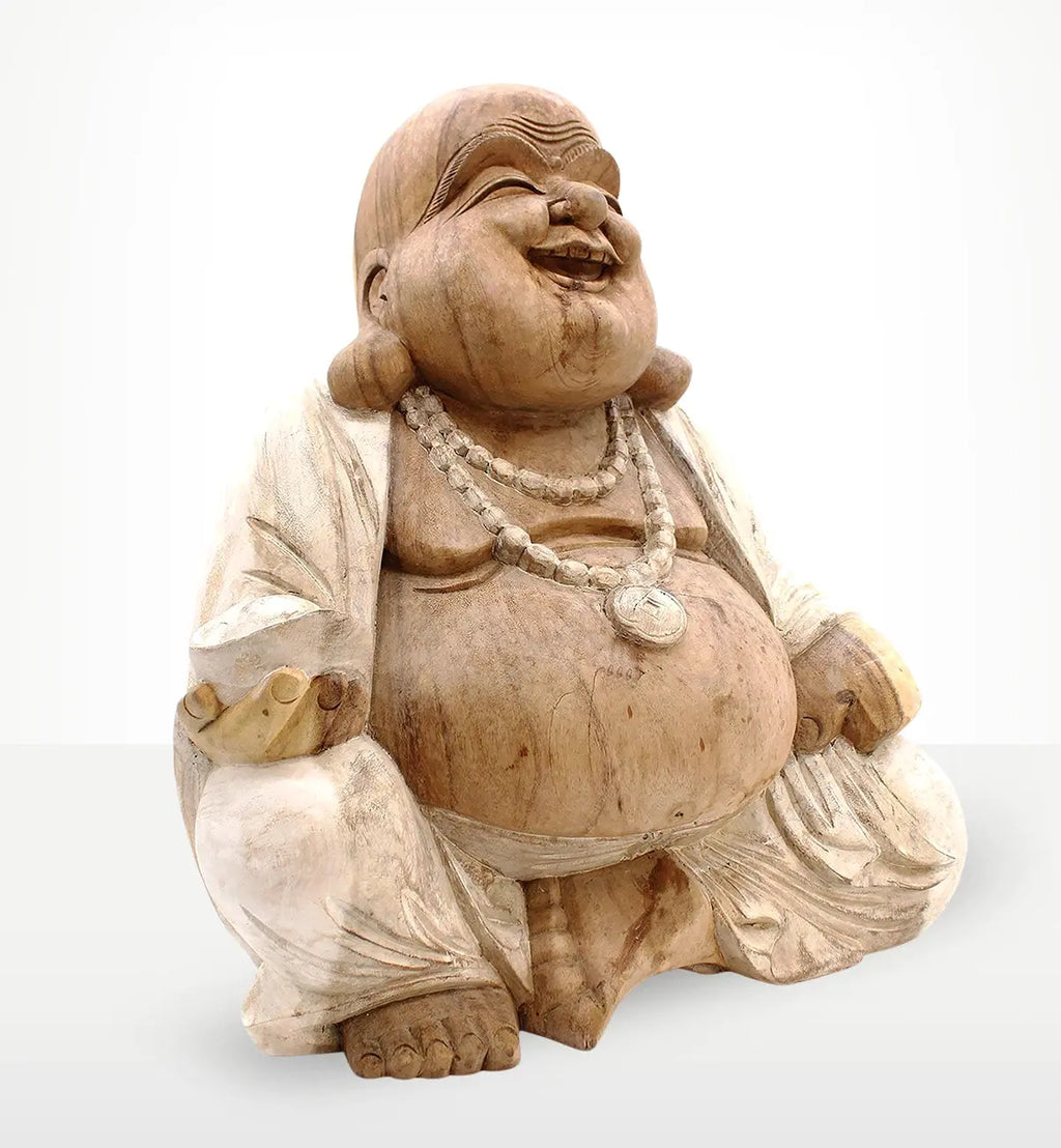 Happy Buddha - Whitewash 50cm carved wooden statue with a joyful expression, featuring detailed beads and a whitewashed finish for elegant Buddha decor.