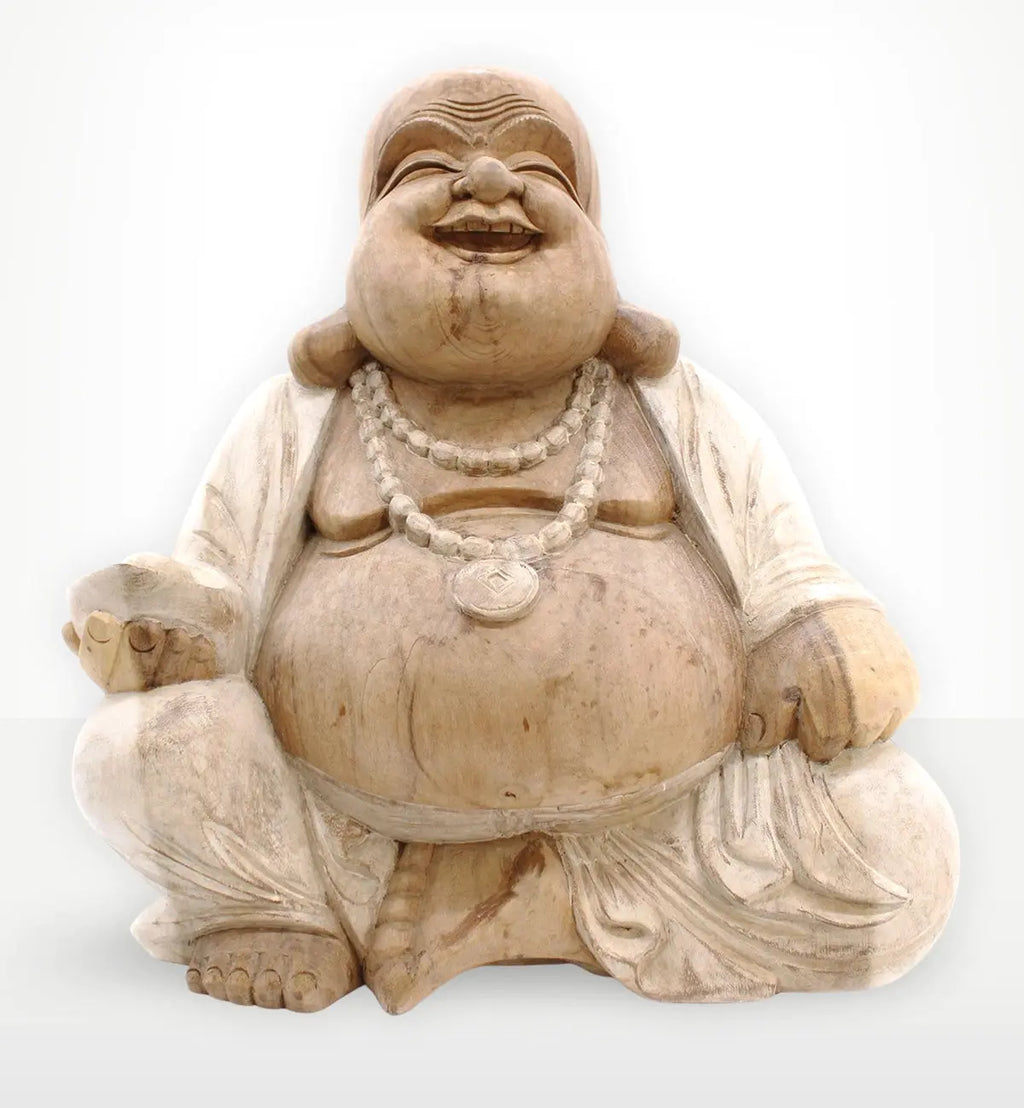 Happy Buddha - Whitewash 50cm statue carved from wood with a joyful expression, sitting cross-legged and wearing a beaded necklace, showcasing rustic whitewashed finish.