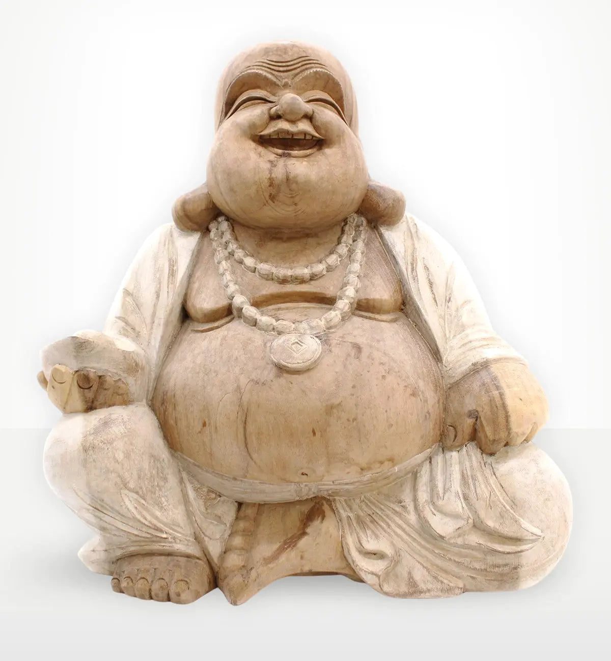 Happy Buddha - Whitewash 50cm statue carved from wood with a joyful expression, sitting cross-legged and wearing a beaded necklace, showcasing rustic whitewashed finish.