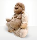 Carved hand statue of a joyful seated figure with a round belly, smiling face, wearing a beaded necklace and a whitewashed robe, named Happy Buddha - Whitewash 50cm.