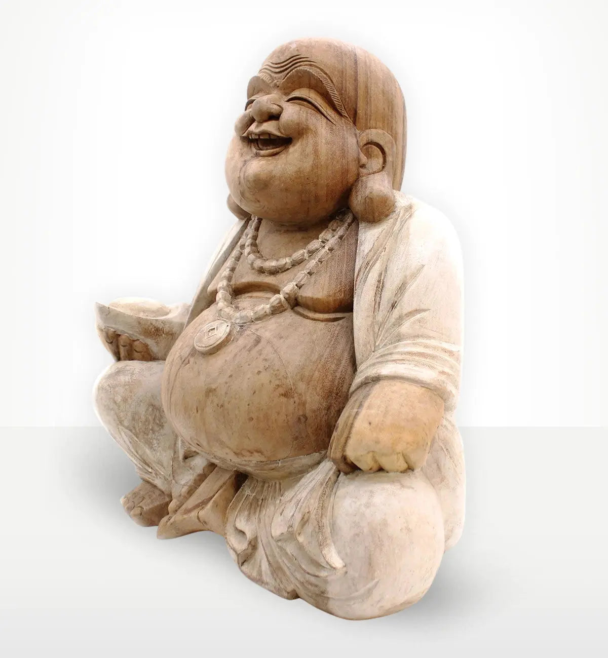 Hand carved Happy Buddha - Whitewash 50cm statue with a serene smile, detailed beads necklace, and rustic whitewashed finish, perfect as Buddha decor.