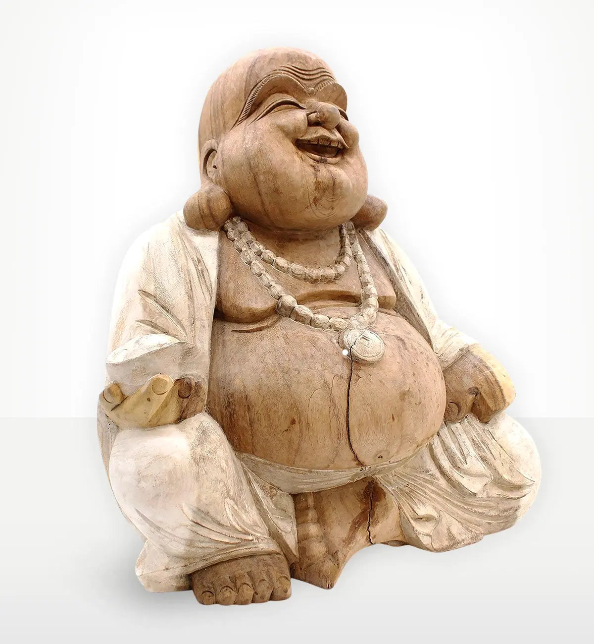 Happy Buddha - Whitewash 50cm hand carved wooden Buddha statue with a joyful expression, featuring a whitewashed robe and beaded necklace, perfect for Buddha decor.