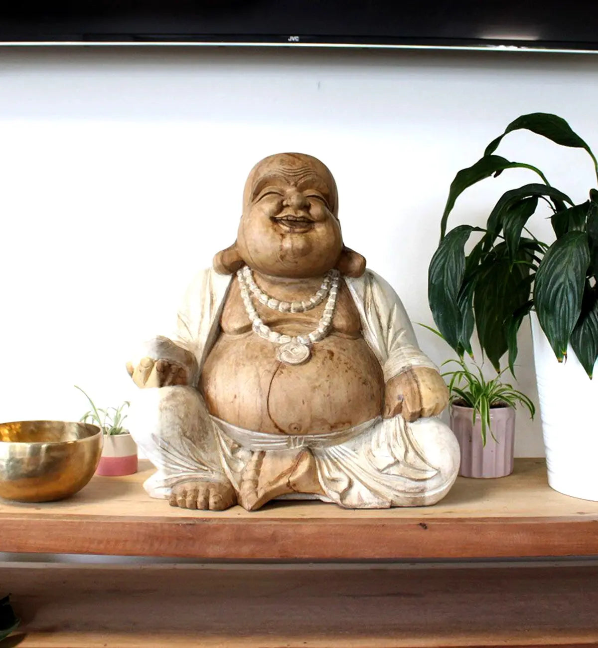 Happy Buddha - Whitewash 50cm decorative statue crafted with a smooth whitewashed finish, showcasing a joyful seated figure wearing a beaded necklace, perfect for serene home decor.