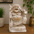 Happy Buddha Bring Wood - Whitewash 30cm hand carved wooden statue with whitewashed finish, depicting a joyful Buddha holding a wood stick, ideal for Buddha decor.