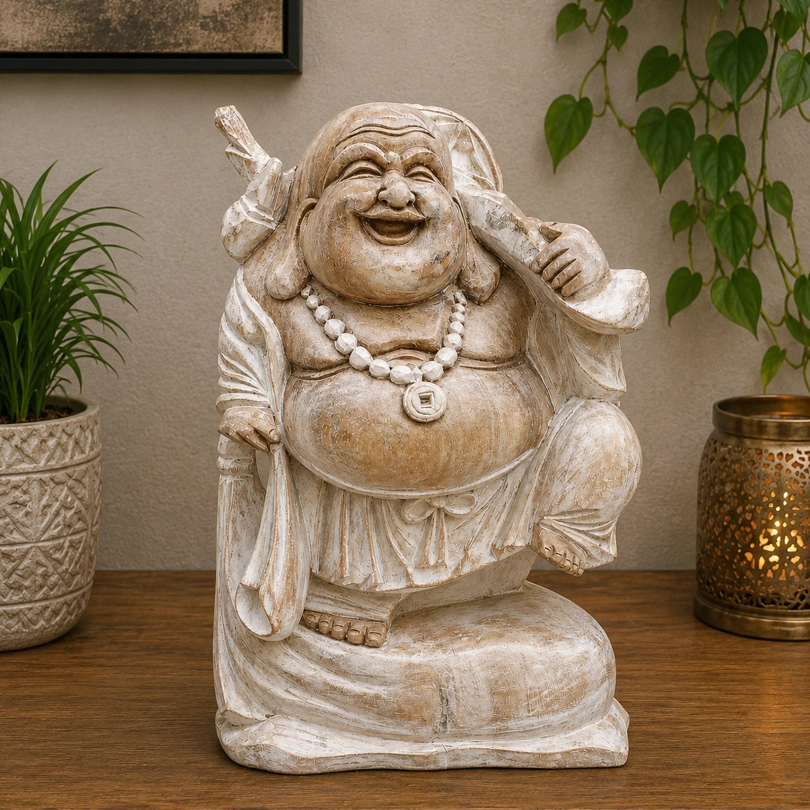 Happy Buddha Bring Wood - Whitewash 30cm