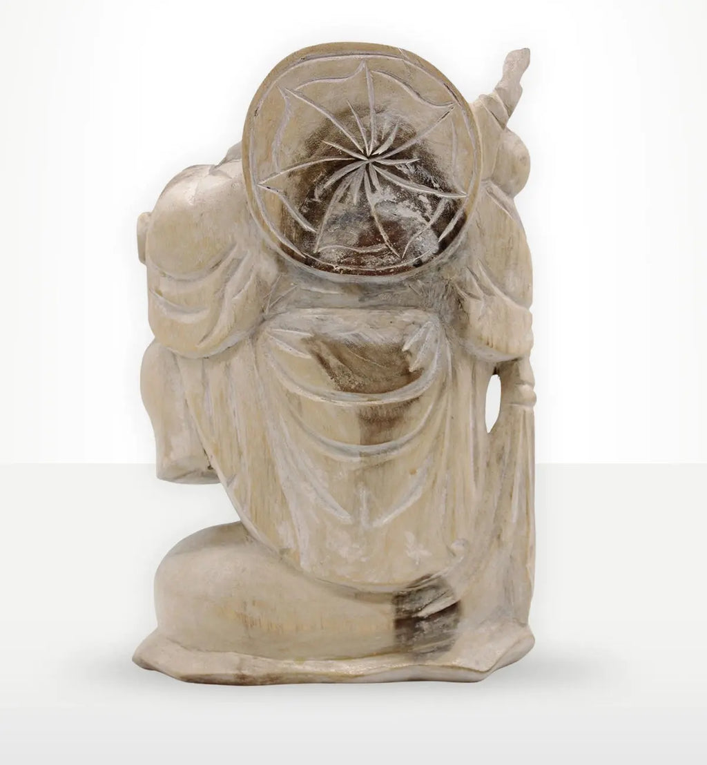 Back view of a hand-carved Happy Buddha Bring Wood - Whitewash 30cm statue showing intricate draped robes and a whitewashed finish with natural wood tones.