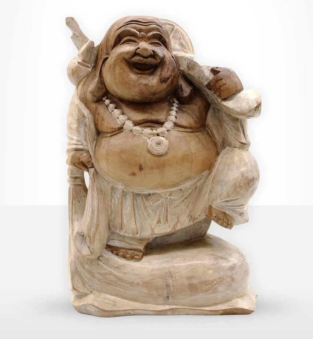 Happy Buddha Bring Wood - Whitewash 30cm handcrafted wooden statue featuring a joyful laughing Buddha with detailed carving and whitewashed finish, perfect Buddha decor.
