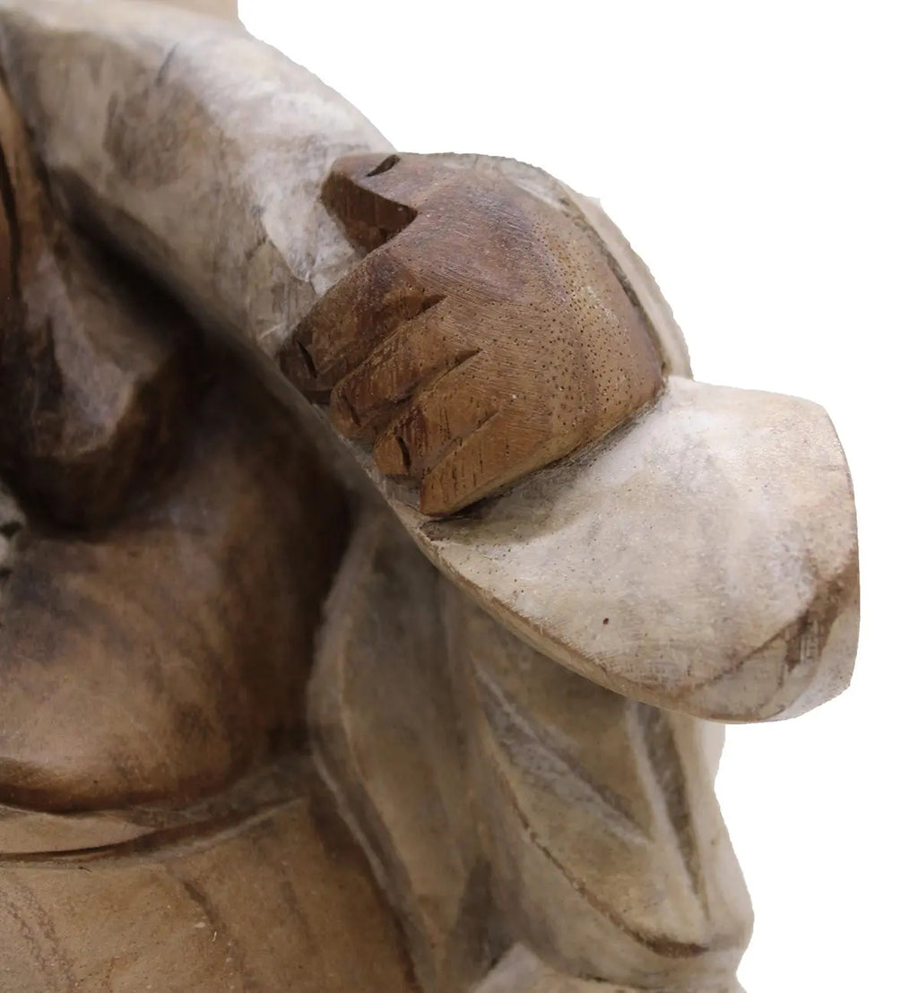 Close-up of hand carved wooden Happy Buddha Bring Wood - Whitewash 30cm statue showing natural wood texture and whitewashed finish, a peaceful Buddha decor piece.
