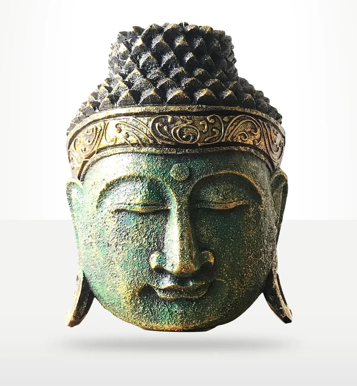 Home Decoration Buddha Head - 25cm - Green Shine Finish with a textured surface, intricate gold-toned decorative band, and peaceful closed eyes, perfect for Buddha decor.