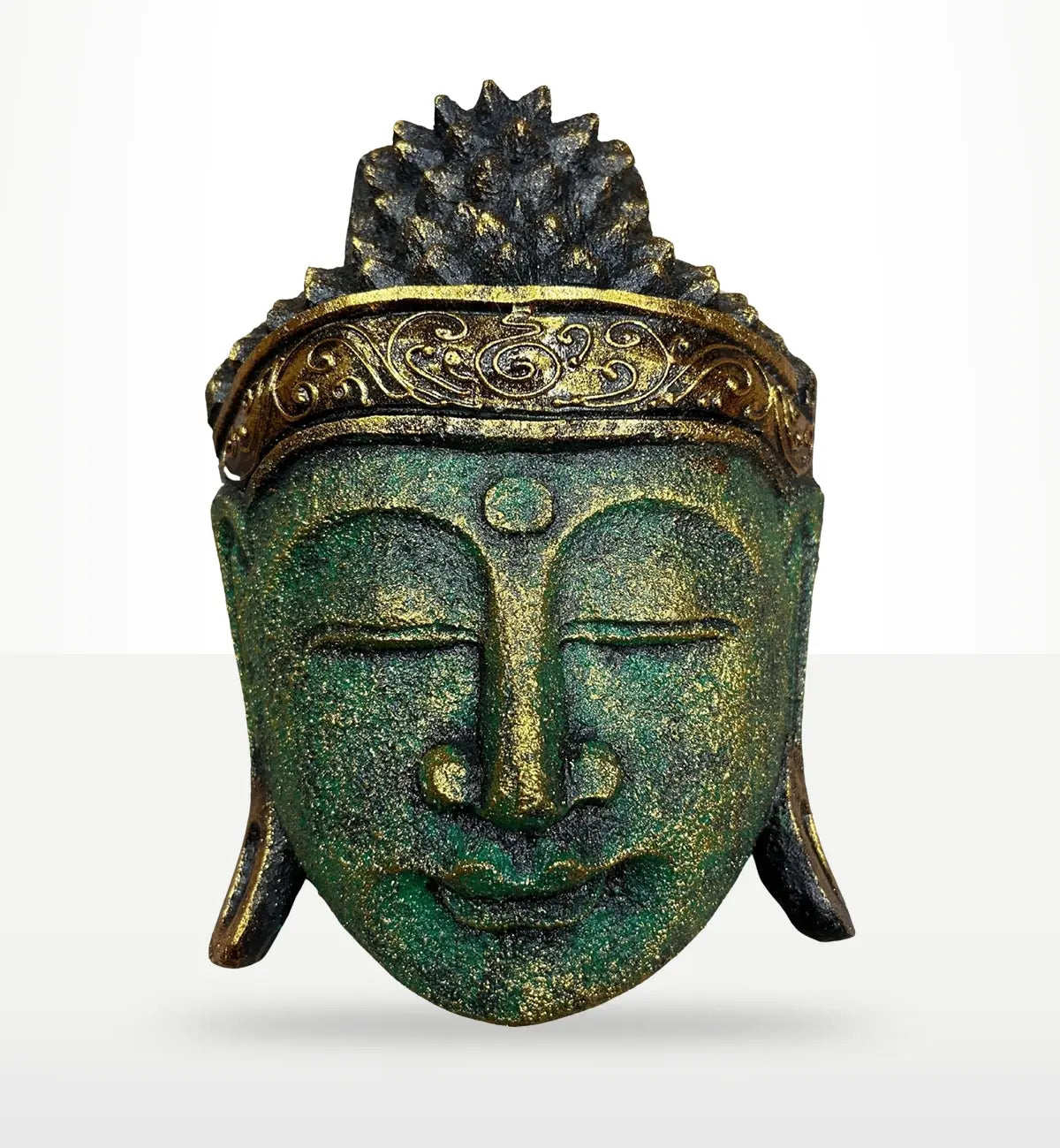 Green and gold toned Home Decoration Buddha Head - 25cm - Green Shine Finish featuring serene facial expression and intricate detailing, ideal for Buddha decor and meditation spaces.