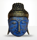 Home Decoration Buddha Head - 25cm - Blue Shine Finish with intricate gold detailing and serene facial expression, ideal for Buddha decor and tabletop display.