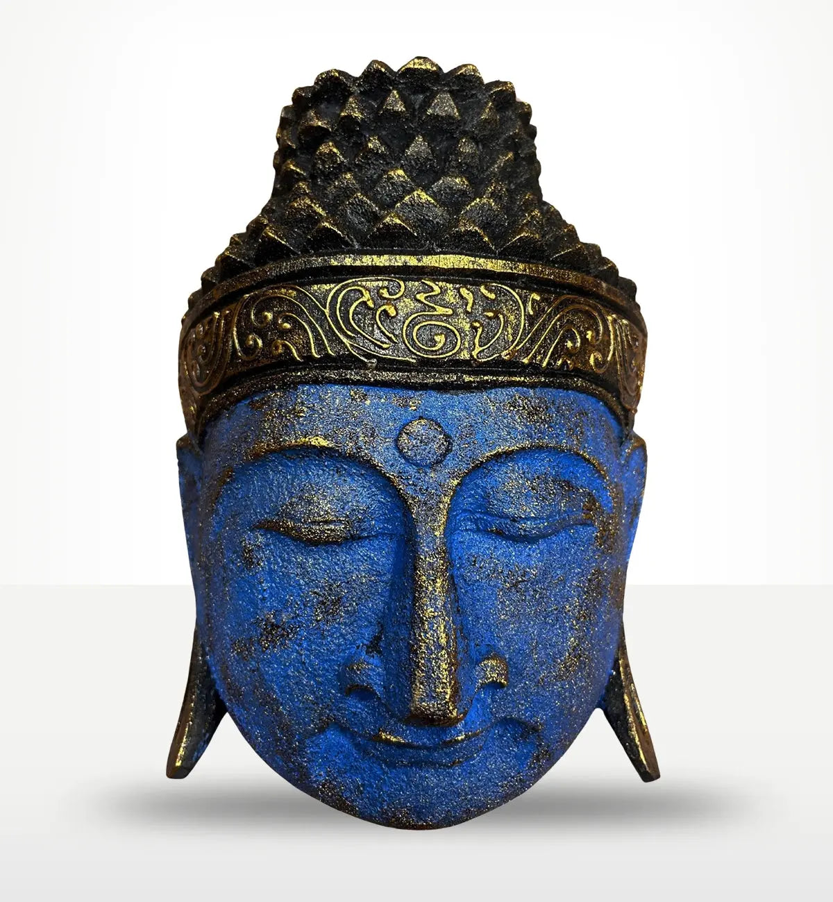 Home Decoration Buddha Head - 25cm - Blue Shine Finish, a serene Buddha head sculpture with intricate detailing and a vibrant blue and gold textured surface, perfect for Buddha decor.