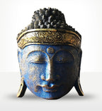 Home Decoration Buddha Head - 25cm - Blue Shine Finish, a serene blue and gold Buddha head statue with intricate detailing, perfect for elegant Buddha decor and spiritual ambiance.