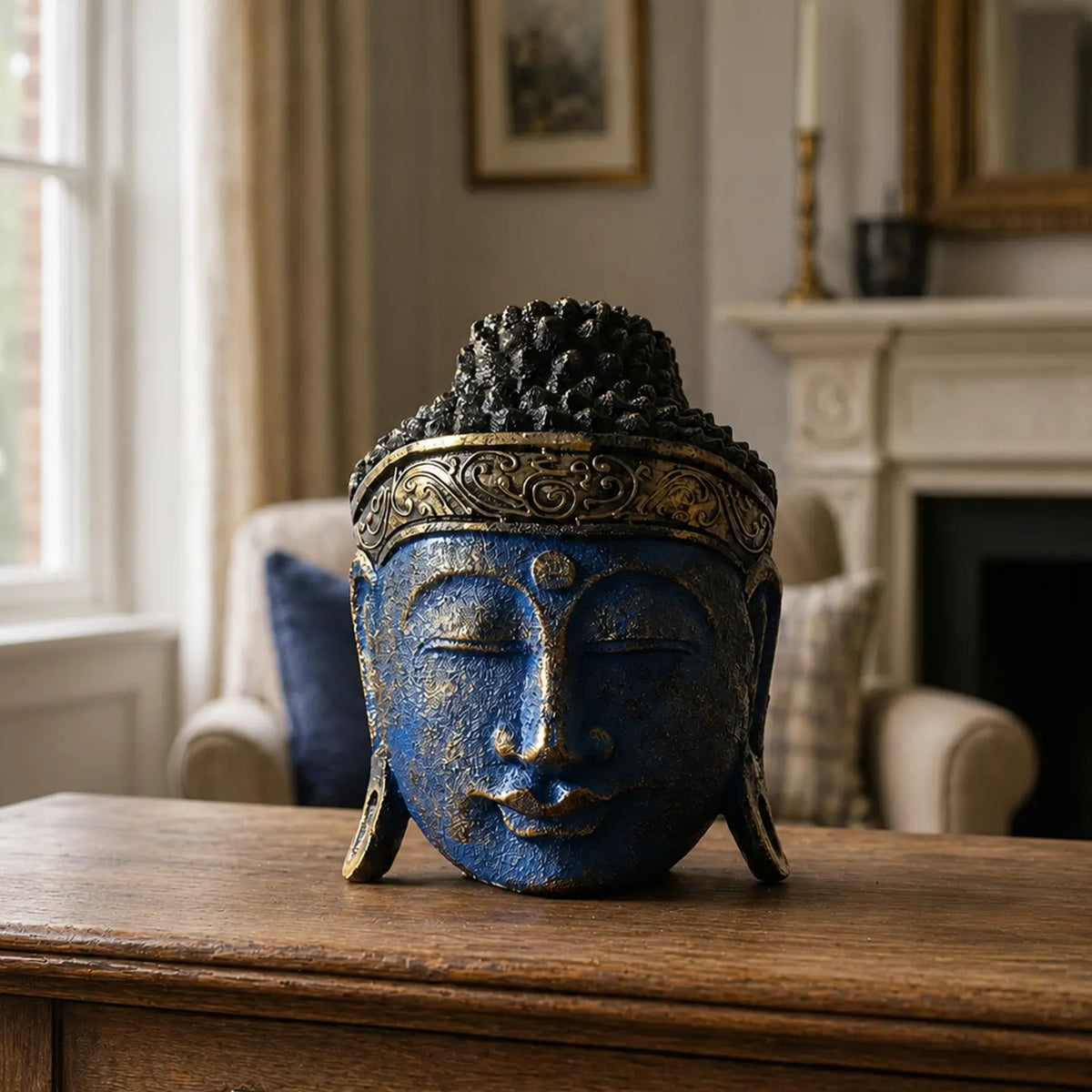 Home Decoration Buddha Head Statue - 25cm - Blue Shine Finish
