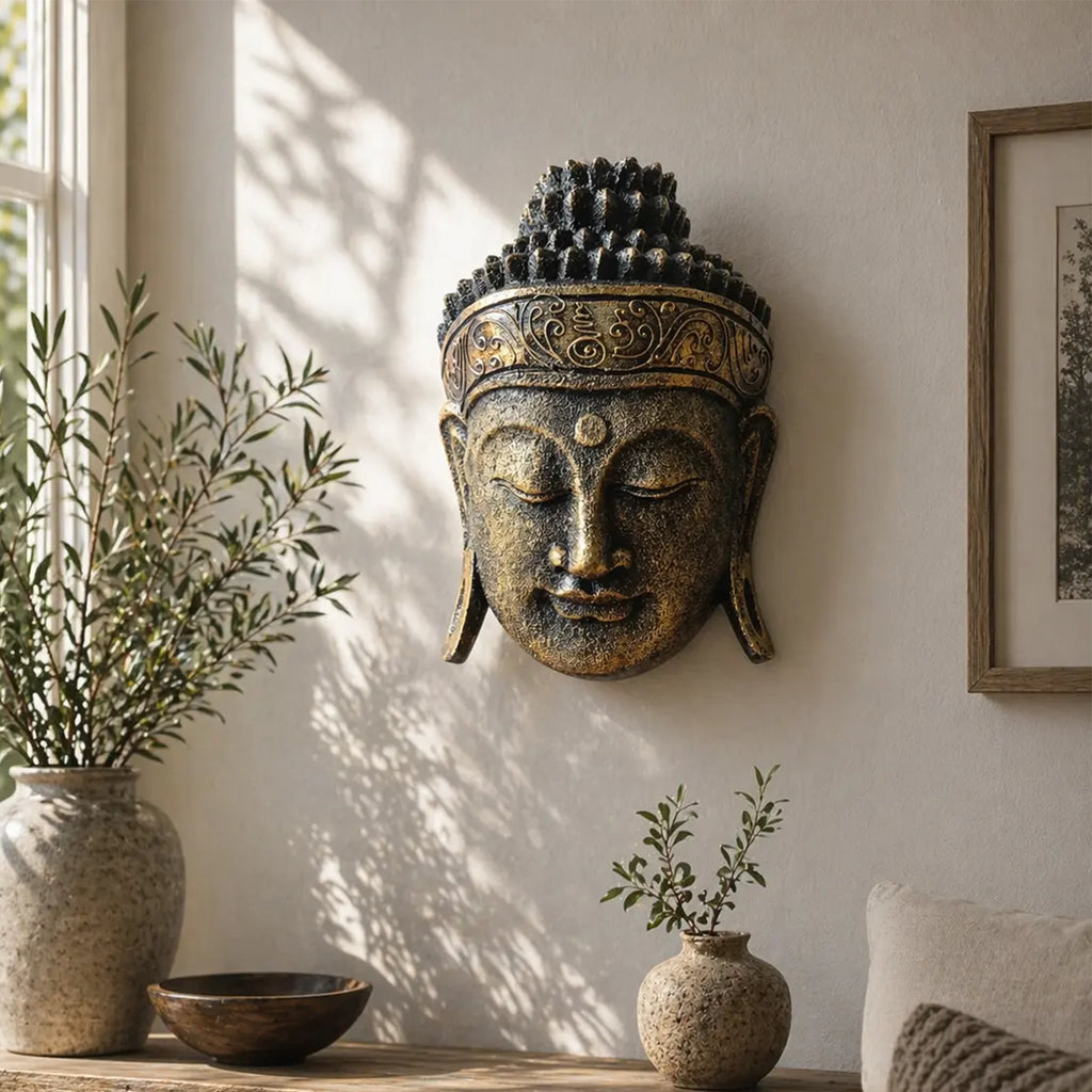 A decorative Buddha head wall sculpture in an antique bronze finish with gold accents, mounted on a warm beige wall in a sunlit room with potted plants and a wooden table below.