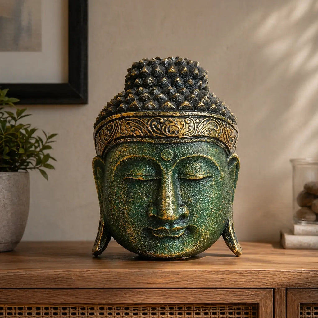 A decorative Buddha head sculpture with a textured green and gold finish, displayed on a wooden cabinet in a styled home interior setting.