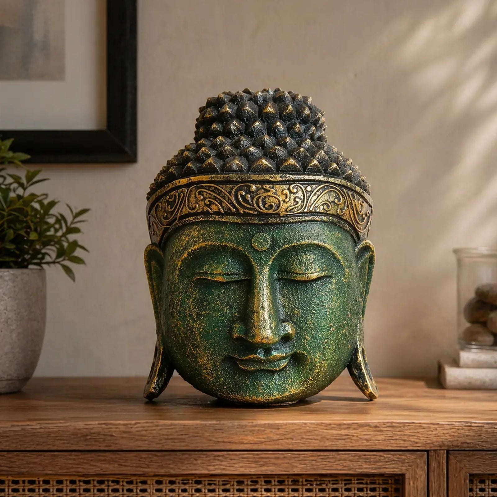 A decorative Buddha head sculpture with a textured green and gold finish, displayed on a wooden cabinet in a styled home interior setting.