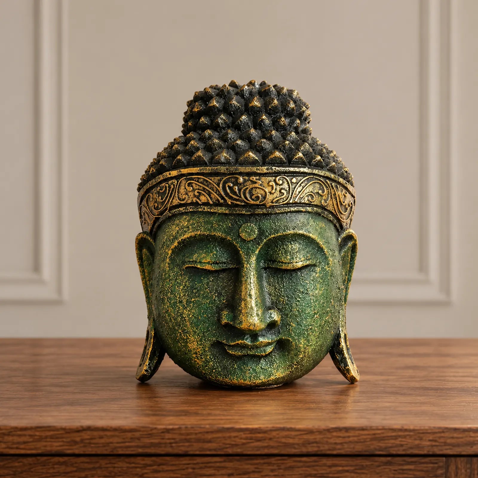 Home Decoration Buddha Head Statue - 25cm - Green Shine Finish
