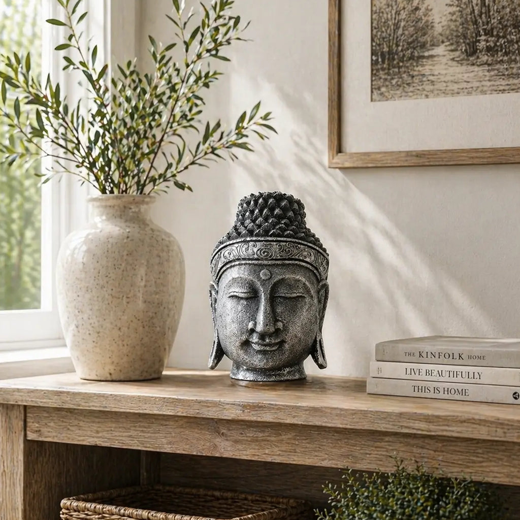 A decorative Buddha head statue in a weathered silver finish sits on a wooden console table next to a speckled ceramic vase with greenery and a stack of books.