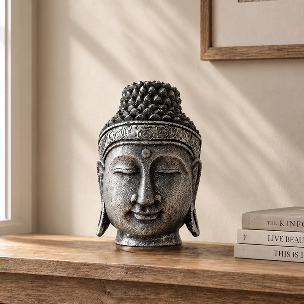 Home Decoration Buddha Head Statue - 25cm - Silver Shine Finish