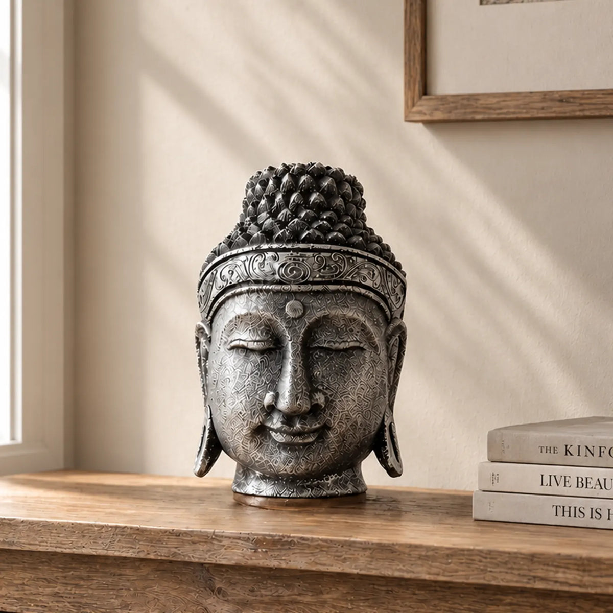 Home Decoration Buddha Head Statue - 25cm - Silver Shine Finish