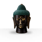Large Antique Brass Buddha Head with serene facial expression, featuring detailed textured hair in a teal patina, ideal for elegant Buddha decor or hand carved Buddha statue displays.