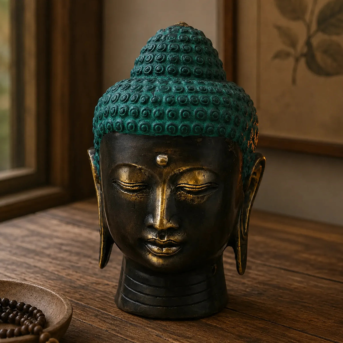 Large Antique Brass Buddha Head Figure