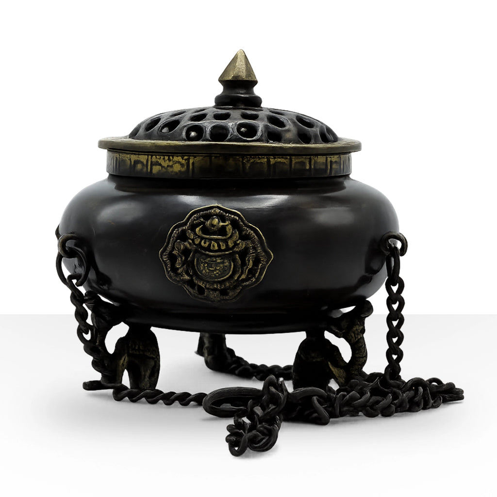 Large Brass Tibetan Burner - Four Symbol Hanging Pot