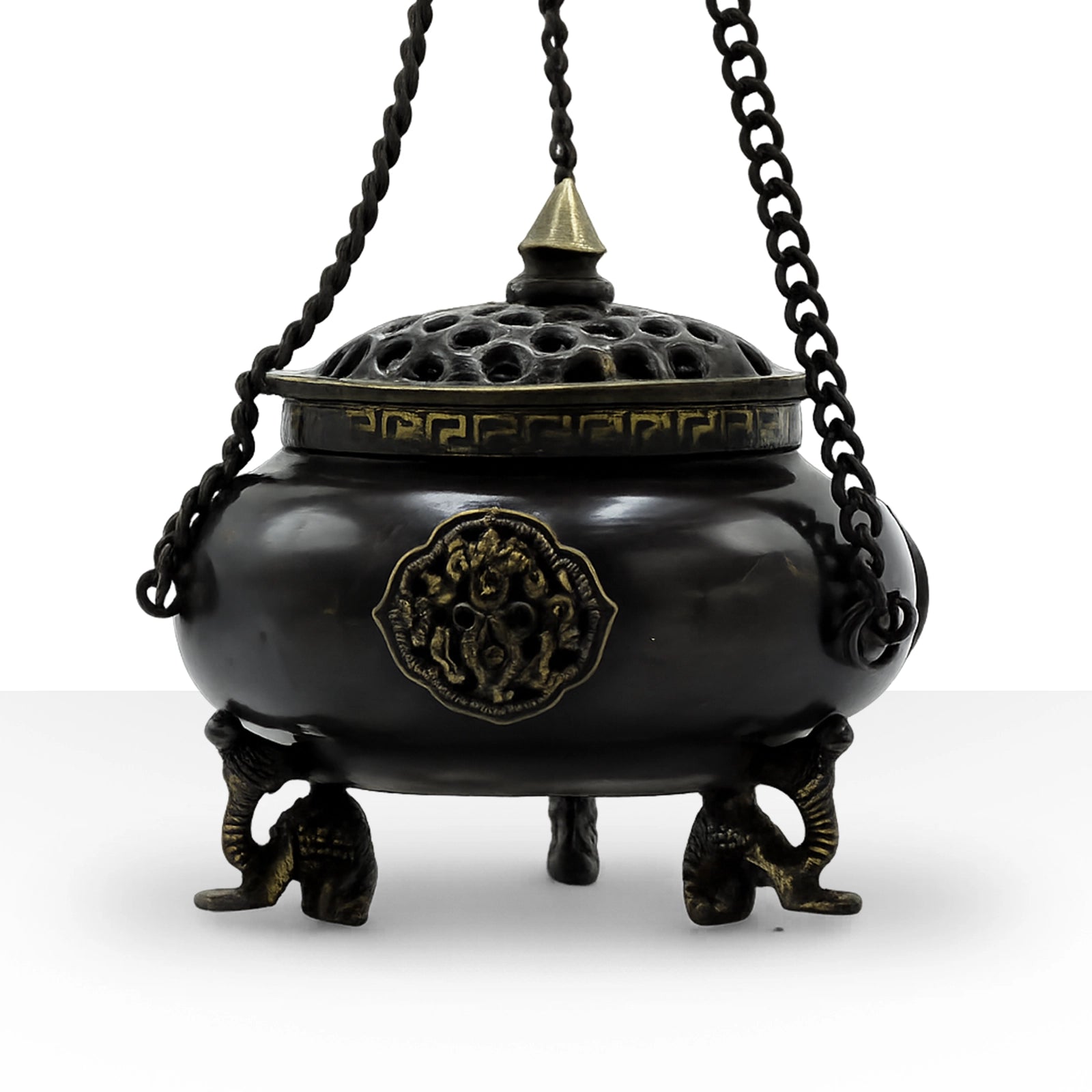 Large Brass Tibetan Burner - Four Symbol Hanging Pot