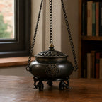 Large Brass Tibetan Incense Burner - Four Symbol Hanging Pot