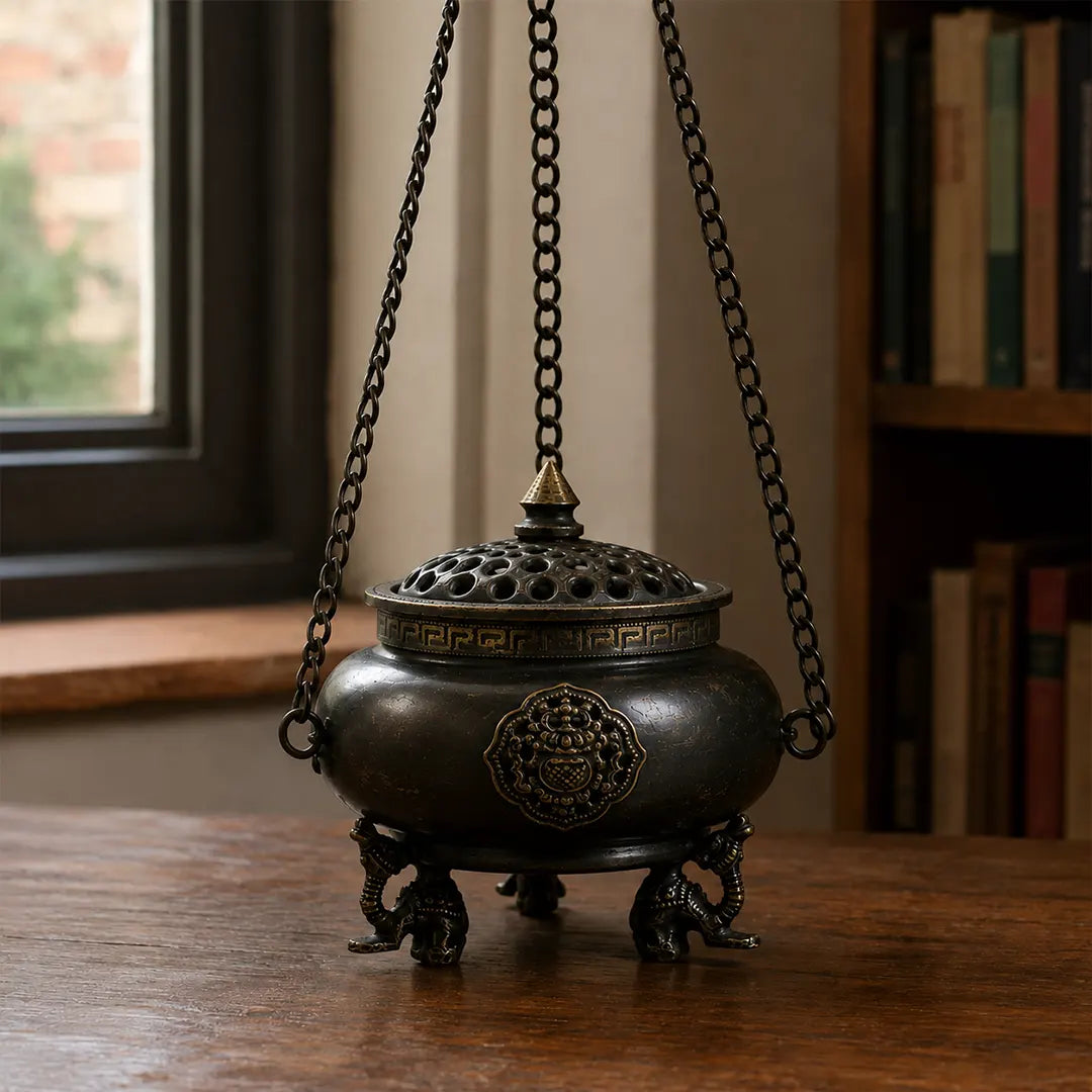 Large Brass Tibetan Incense Burner - Four Symbol Hanging Pot