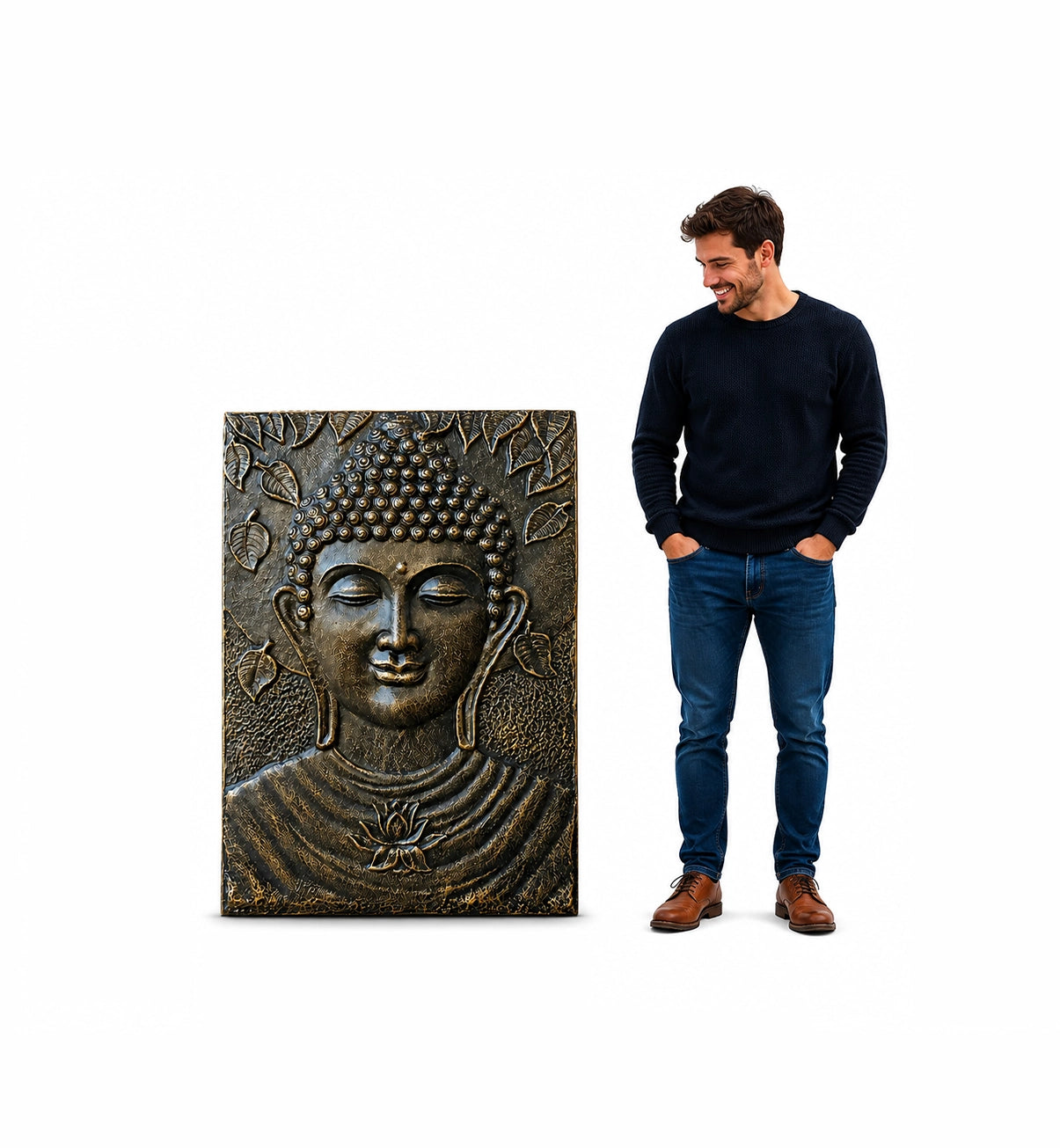 Large Buddha Iron Frame Antique Gold Relief - 0.7x1m