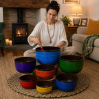 Woman seated on a woven mat in a cozy living room playing the Large Chakra Set of Seven Singing Bowls (19.5-35cm) arranged in front of her, each bowl painted in vibrant colors with carved script.