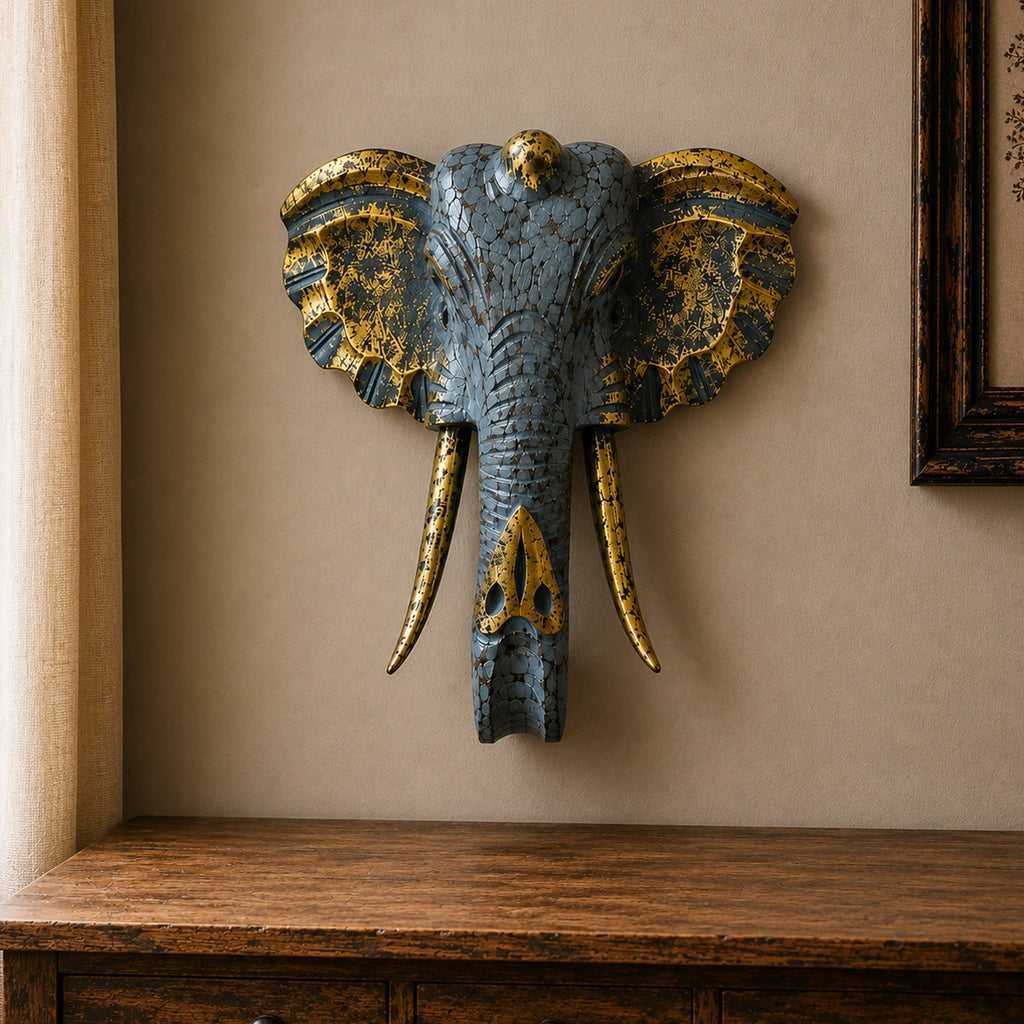 Large Elephant Head - Gold & Grey
