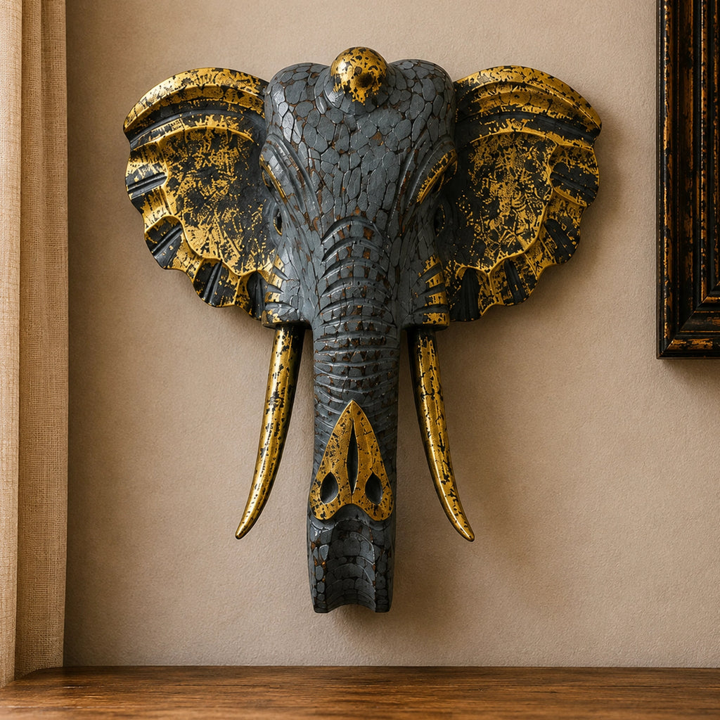 Large Elephant Head - Gold & Grey