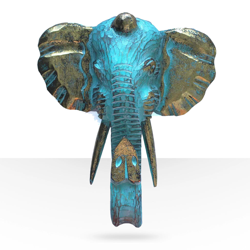 Large Elephant Head - Gold & Turquoise wall sculpture featuring a striking turquoise finish with antique gold accents, perfect for adding artistic charm to home decor.