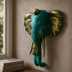 Large Elephant Head - Gold & Turquoise wall sculpture featuring a striking turquoise finish with antique gold accents, perfect for adding artistic charm to home decor.