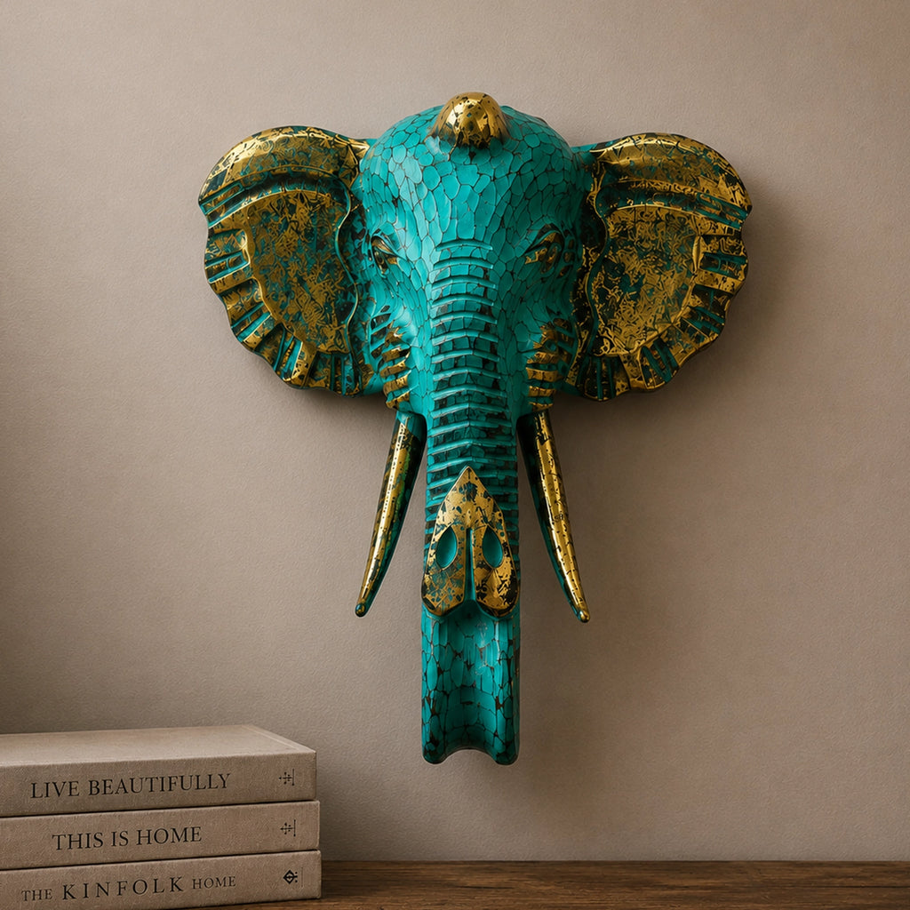 Large Elephant Head - Gold & Turquoise wall sculpture featuring a striking turquoise finish with antique gold accents, perfect for adding artistic charm to home decor.