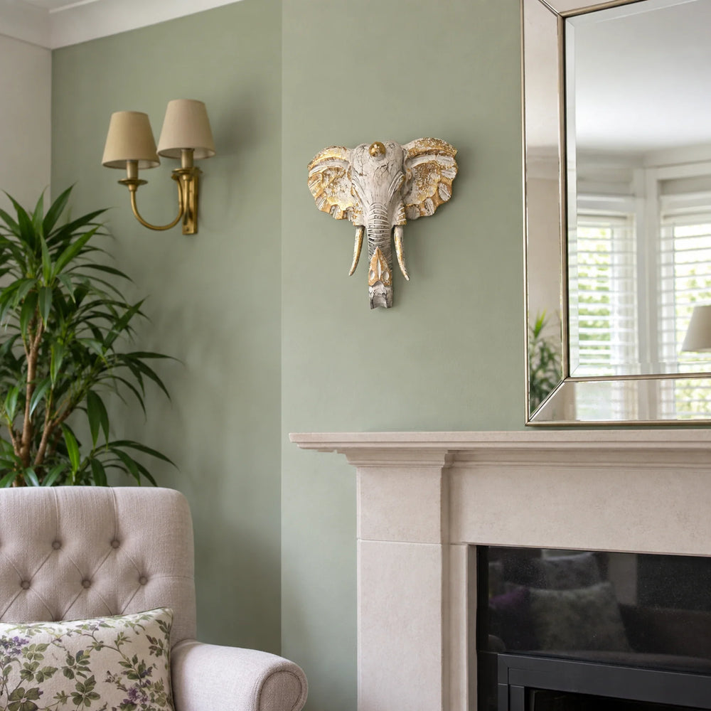 Wall Mount Large Elephant Head - Gold & Whitewash
