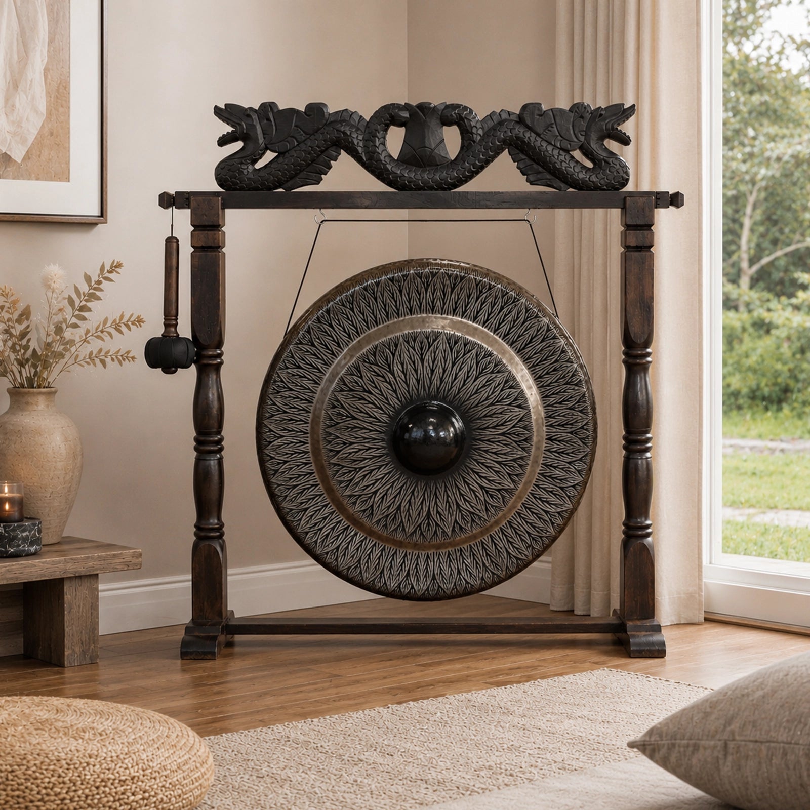 A large decorative gong with a carved dragon header and dark wooden stand, displayed in a styled interior room with wood flooring, curtains, and a window.