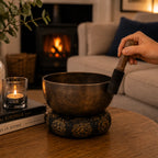 Large Indian Moon Phase Singing Bowl - (approx 850g) - 17cm with wooden striker resting on a decorative cushion, placed on a wooden table in a cozy living room setting with a lit candle and fireplace in the background.
