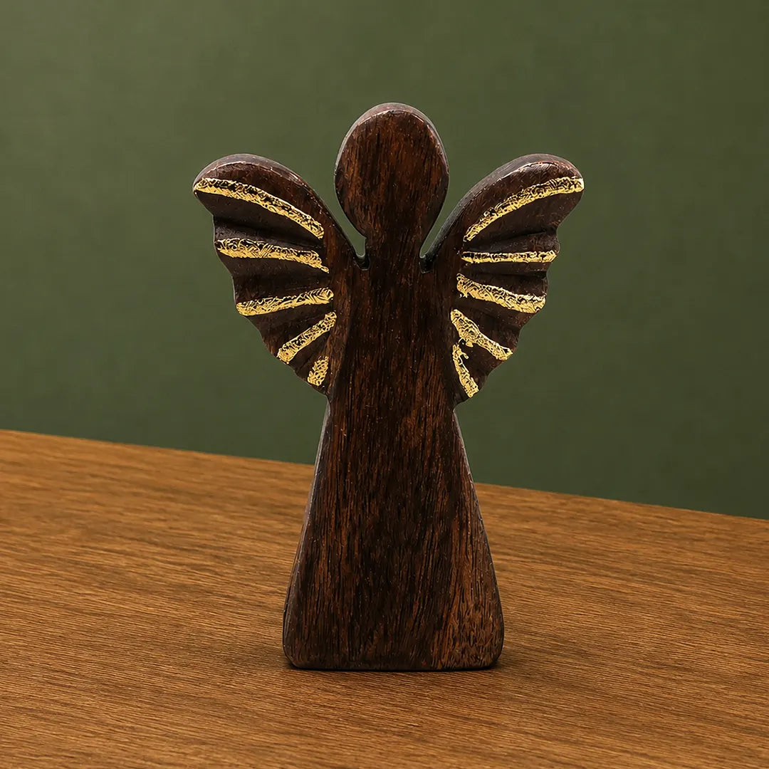 Small Mango Wood Angel Figurines Statuettes - Gold Decor