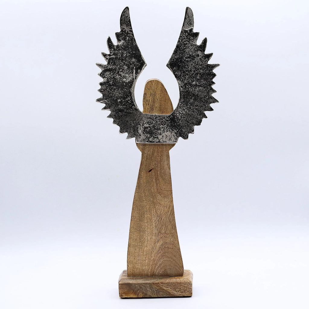 Large Mango Wood Gardian Angel Metal Wings & Enamel Detail