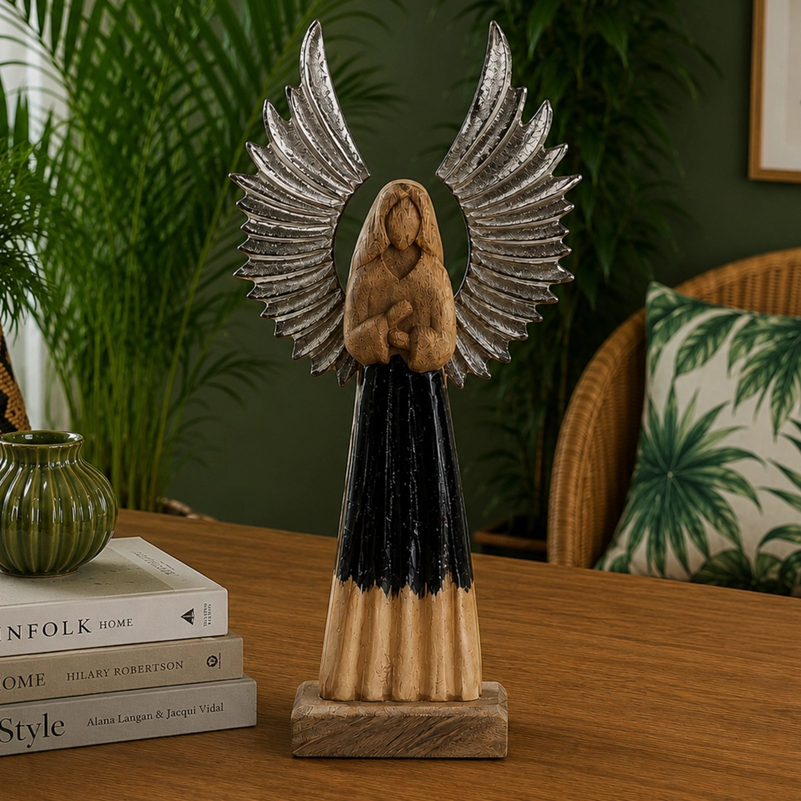 Large Mango Wood Gardian Angel Metal Wings & Enamel Detail