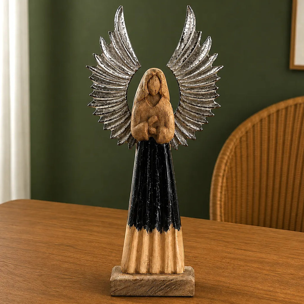 Large Mango Wood Guardian Angel Figurines Statuettes Metal Wings & Enamel Detail