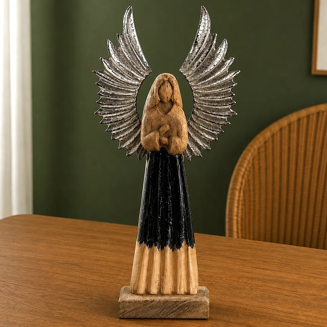 Large Mango Wood Guardian Angel Figurines Statuettes Metal Wings & Enamel Detail
