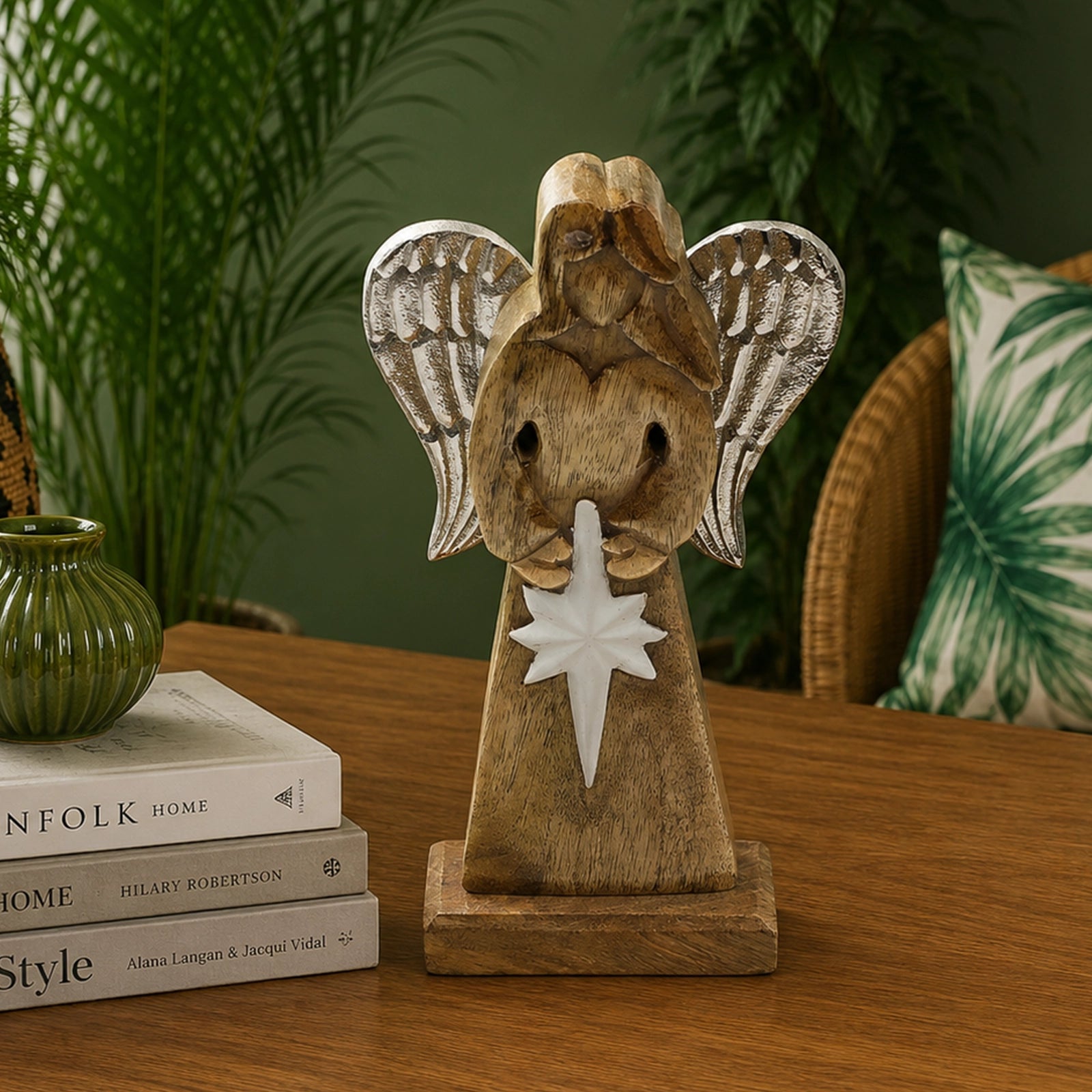 Large Mango Wood Peace Angel Metal Wings & Enamel Detail